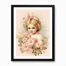 Vintage Pink Flower Girl Illustration Kitsch Art Print