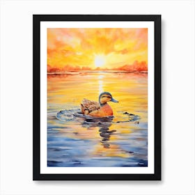 Duck Swimming In The Lake At Sunset Watercolour 2 Art Print