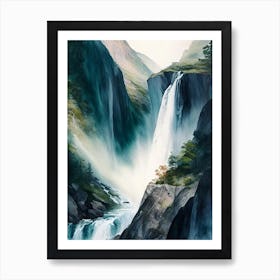 Nærøyfjord Waterfalls, Norway Water Colour  (2) Art Print