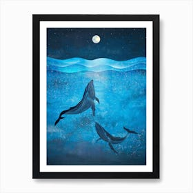 Whale Print, Whale Poster, Night Ocean, Blue Whales, Ocean Wall Art, Nautical Print, Sea Poster, Whales Swimming, Whale Illustration, Sea Print Art Print