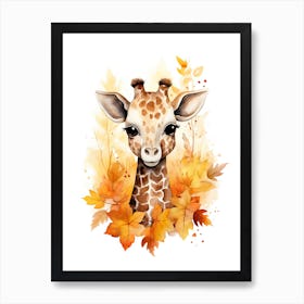 A Giraffe  Watercolour In Autumn Colours 3 Art Print