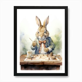 Bunny Playing Chess Rabbit Prints Watercolour 4 Art Print