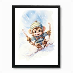 Monkey Painting Snow Boarding Watercolour 4 Art Print
