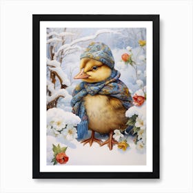 Snowy Duckling With Hat & Scarf Detailed Painting 1 Art Print