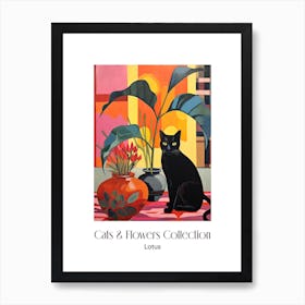 Cats & Flowers Collection Lotus Flower Vase And A Cat, A Painting In The Style Of Matisse 1 Art Print