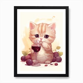 Kawaii Cat Drawings Tasting Wine 3 Art Print