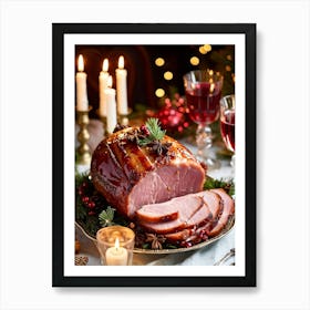 An Entregouted View Of A Glazed Spiced Pork Ham Festooned With A Crown Of Cloves Set On A Lavish C (1) Art Print