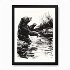 Malayan Sun Bear Catching Fish Ink Illustration 1 Art Print