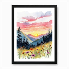 Watercolor Of Mountains And Flowers Art Print