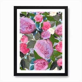 Pink Roses Leaves Art Print