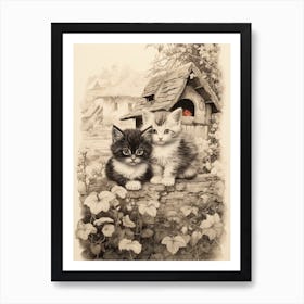 Cue Kittens Sepia With Flowers Outside Medieval Barn With A Spot Of Colour Art Print