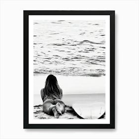 Vintage Surfing Black And White Surfer Girl Beach House Art Print