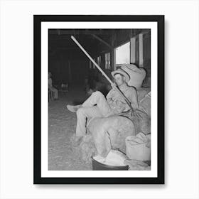 Cowboy Resting On Hay And Rolled Up Camp Bed At The Barn At San Angelo Fat Stock Show, San Angelo, Texas By Art Print