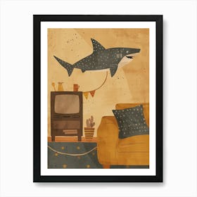 Shark In A Living Room Mustard Art Print