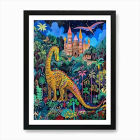 Dinosaur In The Castle Garden Painting 1 Art Print
