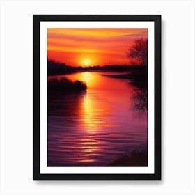 Sunset Over River Waterscape Crayon 1 Art Print