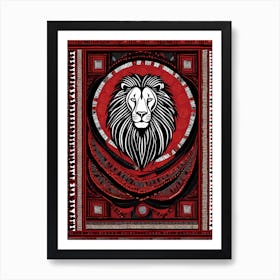 African Quilting Inspired Art of Lion Folk Art, Poetic Red, Black and white Art, 1230 Art Print