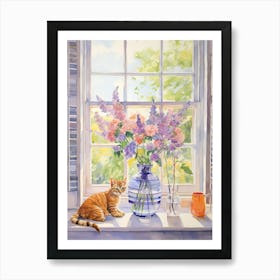 Cat With Lilac Flowers Watercolor Mothers Day Valentines 2 Art Print
