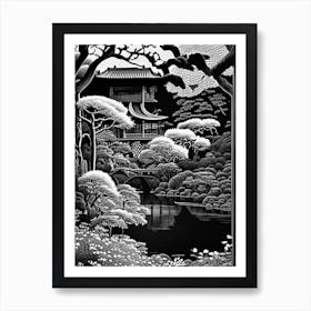 Rikugien Gardens, 1, Japan Linocut Black And White Vintage Art Print