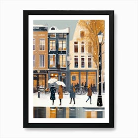 Amsterdam cafes, winter season, Christmas, autumn oil colors, pale colors, pedestrians in the street, winter clothes, falling snow.6 Art Print