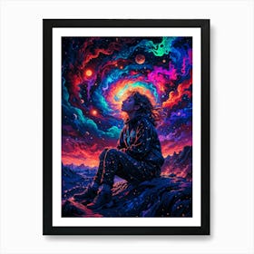 Psychedelic space girl tripping in a colorful neon universe. Dreamy woman amidst stars, black hole, and planets. Interstellar fantasy girl exploring the cosmos and Milky Way. Art Print