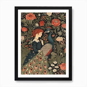 Floral Peacock With Red Haired Woman Vintage Wallpaper Inspired 2 Art Print