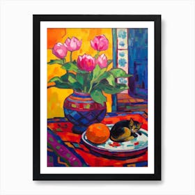Lotus With A Cat 4 Fauvist Style Painting Art Print