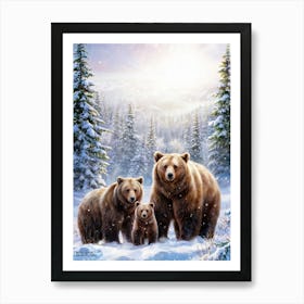 Mama Bear Surrounded By Her Cubs Against A Snow Draped Forest Backdrop Winters Touch Of Frost And Art Print