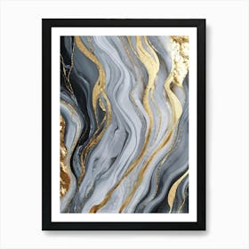 Abstract Marble Artwork Featuring Sinuous Gold And Silver Waves Flowing Amidst A Swirling Ocean Of V (7) Art Print