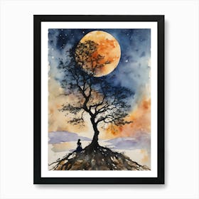 Moonlit Tree Contemplation - Full Moon Contemplating Serenity Calm Yoga Meditating Spiritual Grounding Heart Open Buddhist Indian Travel Guidance Wisdom Peace Love Witchy Beautiful Watercolor Woman Trees Blue Silhouette Art Print