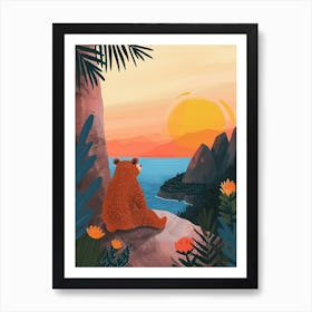 Sloth Bear Looking At A Sunset From A Mountaintop Storybook Illustration 3 Art Print