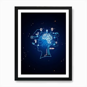 Abstract Concept Art Of A Silhouetted Head Outlined Against A Backdrop Of Light Bulbs And Gears Sym (4) Art Print