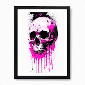 Skull With Watercolor Or Splatter Effects Pink Linocut Art Print