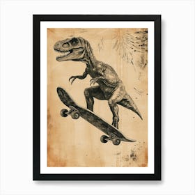 Vintage Protarchaeopteryx Dinosaur On A Skateboard  2 Art Print