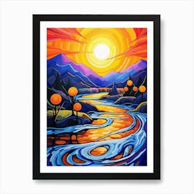 River in Sunset IV, Vibrant Colorful Painting in Van Gogh Style Art Print