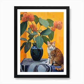 Hydrangea Flower Vase And A Cat, A Painting In The Style Of Matisse 0 Art Print