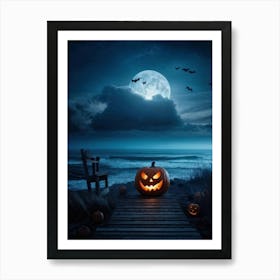 Halloween Themed Coastal Landscape During Dusk Featuring A Jack O Lantern With A Glowing Eye Perched 2 1 Art Print