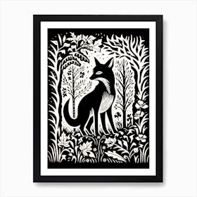 Fox In The Forest Linocut Illustration 2  Art Print