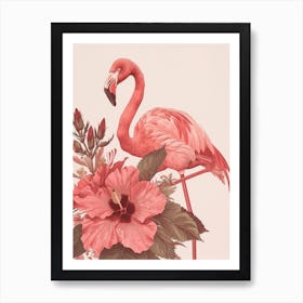 American Flamingo And Hibiscus Minimalist Illustration 2 Art Print