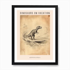 Vintage Spinosaurus Dinosaur On A Surf Board 1 Poster Art Print