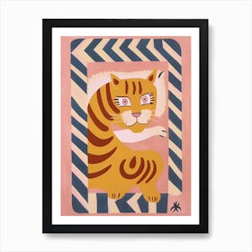 Pink Folk Tiger 0 Art Print