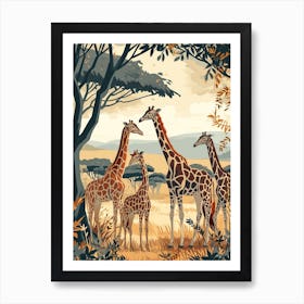 Herd Of Giraffes Resting Under The Tree Modern Illiustration 7 Art Print