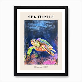 Midnight Neon Sea Turtle In The Ocean 2 Art Print