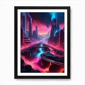 Cyberpunk industrial city with lava and river 7 Art Print