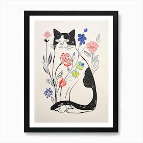 Cute Black And White Cat With Flowers Illustration 4 Art Print