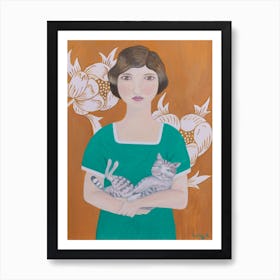 Woman In Green Dress With Cat Art Print