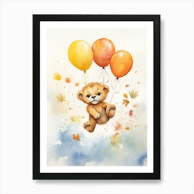 Lion Flying With Autumn Fall Pumpkins And Balloons Watercolour Nursery 1 Art Print