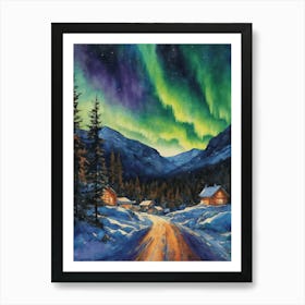 The Northern Lights - Aurora Borealis Rainbow Winter Snow Scene of Lapland Iceland Finland Norway Sweden Forest Lake Watercolor Beautiful Celestial Artwork for Home Gallery Wall Magical Etheral Dreamy Traditional Christmas Greeting Card Painting of Heavenly Fairylights 15 Art Print