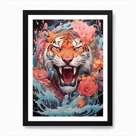 Tiger With Roses 2 Art Print