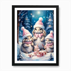 Winter Themed Painting Of Adorable Christmas Bunnies Donning Santa Hats Each Snuggled In Their Past 1 Art Print